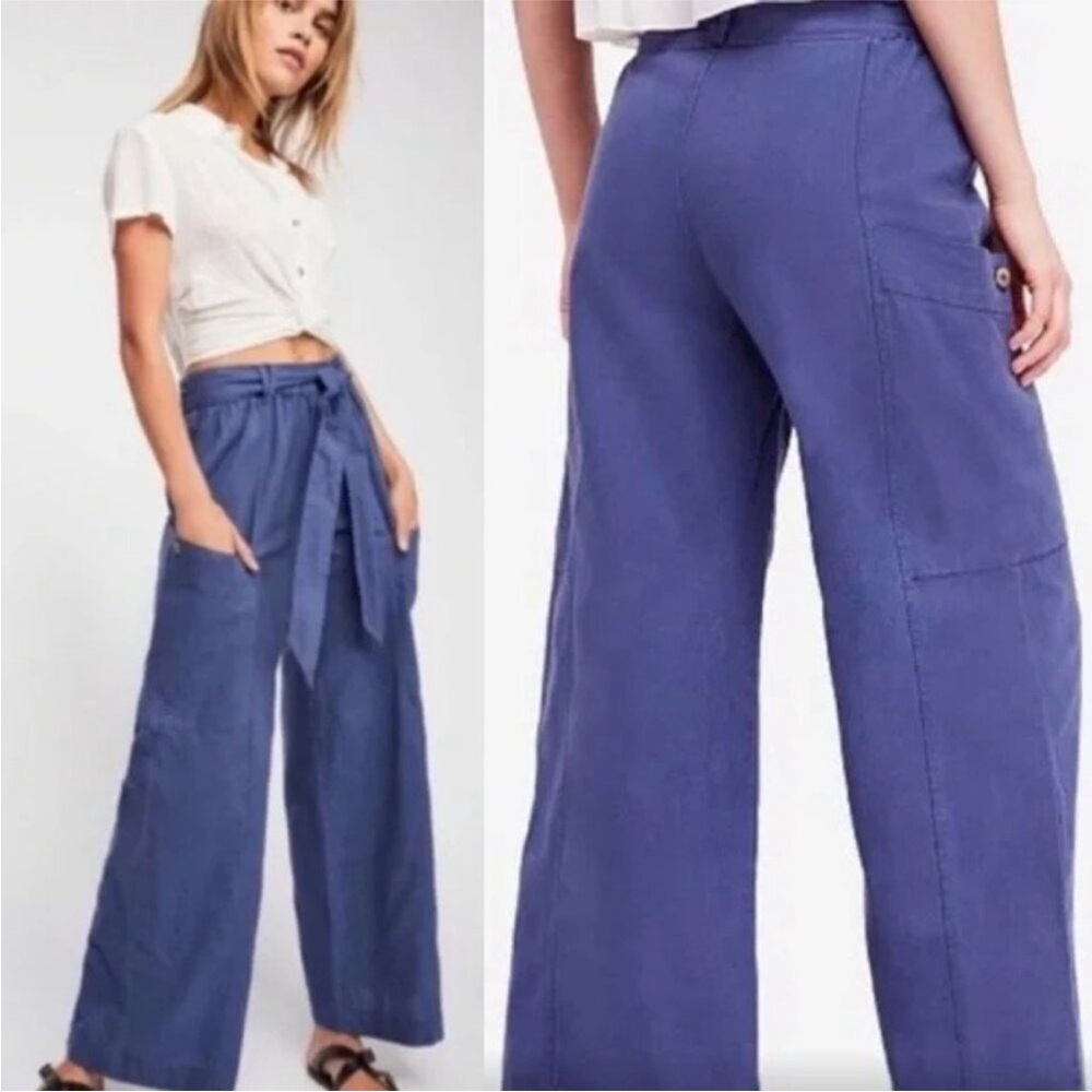 Free People Bluebell Belted Wide Leg Linen-Blend Pants W/Leg Pockets Blue SZ M - Picture 16 of 16